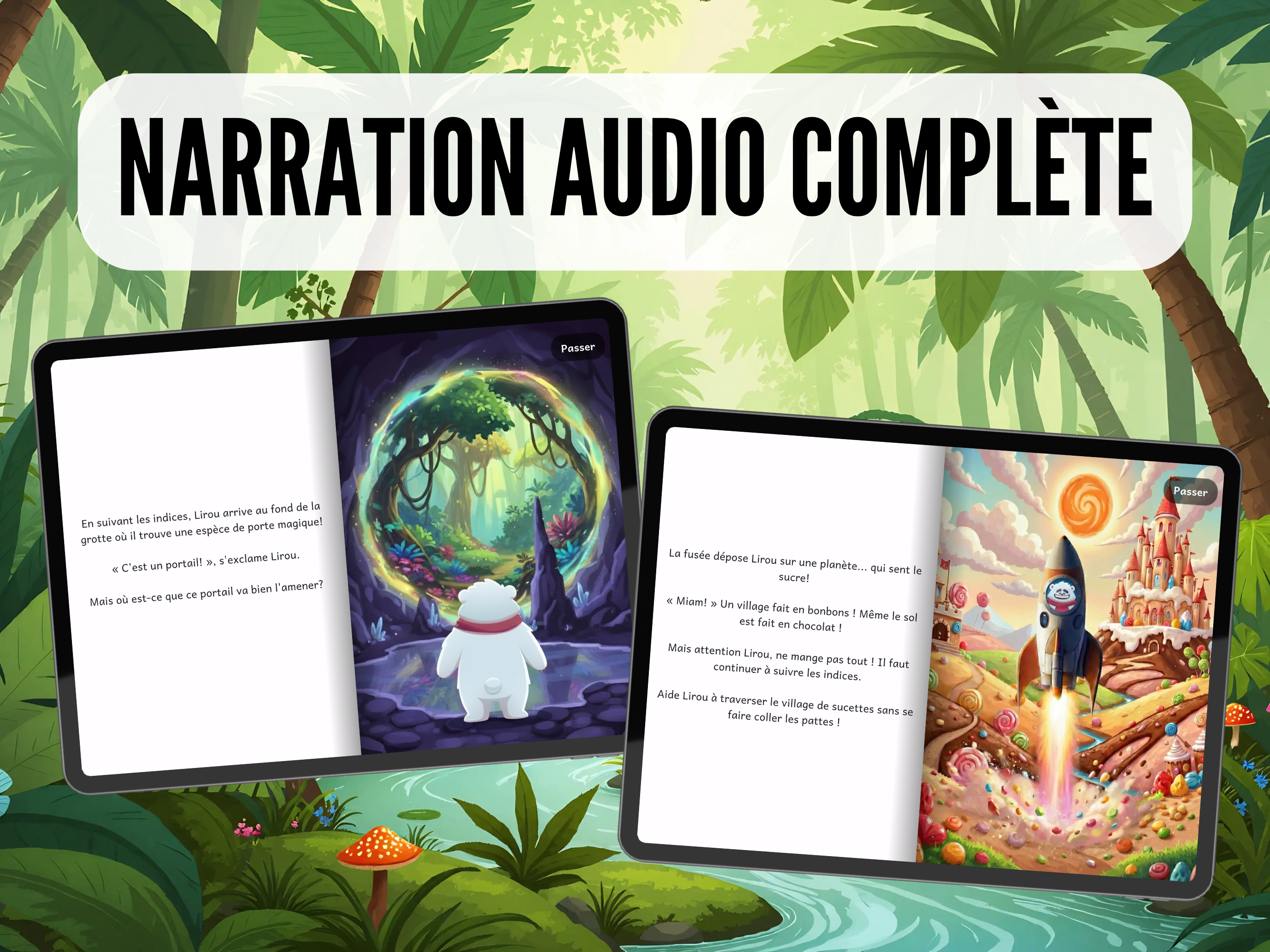 Pages d'histoire illustrées avec narration audio complète dans l'application